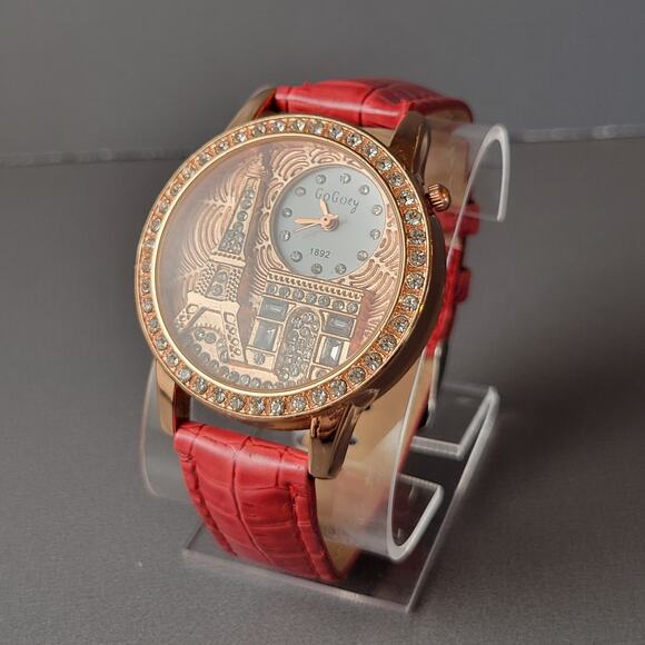 GoGoey Paris Eiffel Tower Watch Crystal Accents Red Strap Quartz 38mm Women’s - Picture 12 of 14
